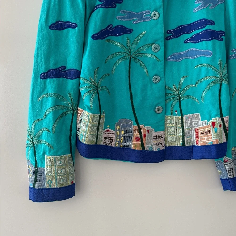 Vintage Patchington Palm Tree Blazer Womens Small Cityscape Jacket Y2K Cotton - Picture 4 of 13